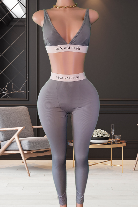 MINX V-NECK RIBBED KNIT PANT SET GREY